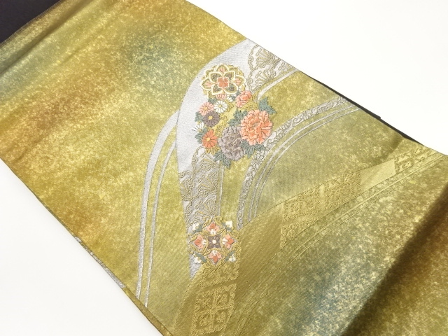 JAPANESE NAGOYA OBI / WOVEN WAVY STRIPE & FLOWER CREST